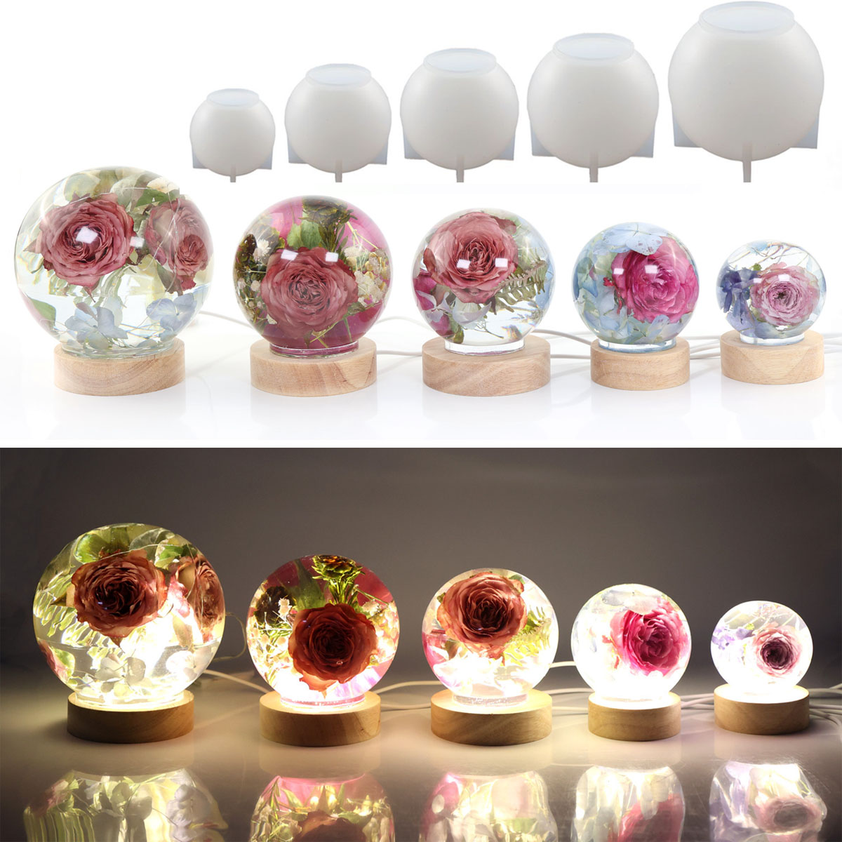 Resin Art Tools - 65-120mm球体シリコンモールド、ドライフラワー球体、レジンクラフト、DIYジュエリー製作、キャスティングエポキシ樹脂モールド用