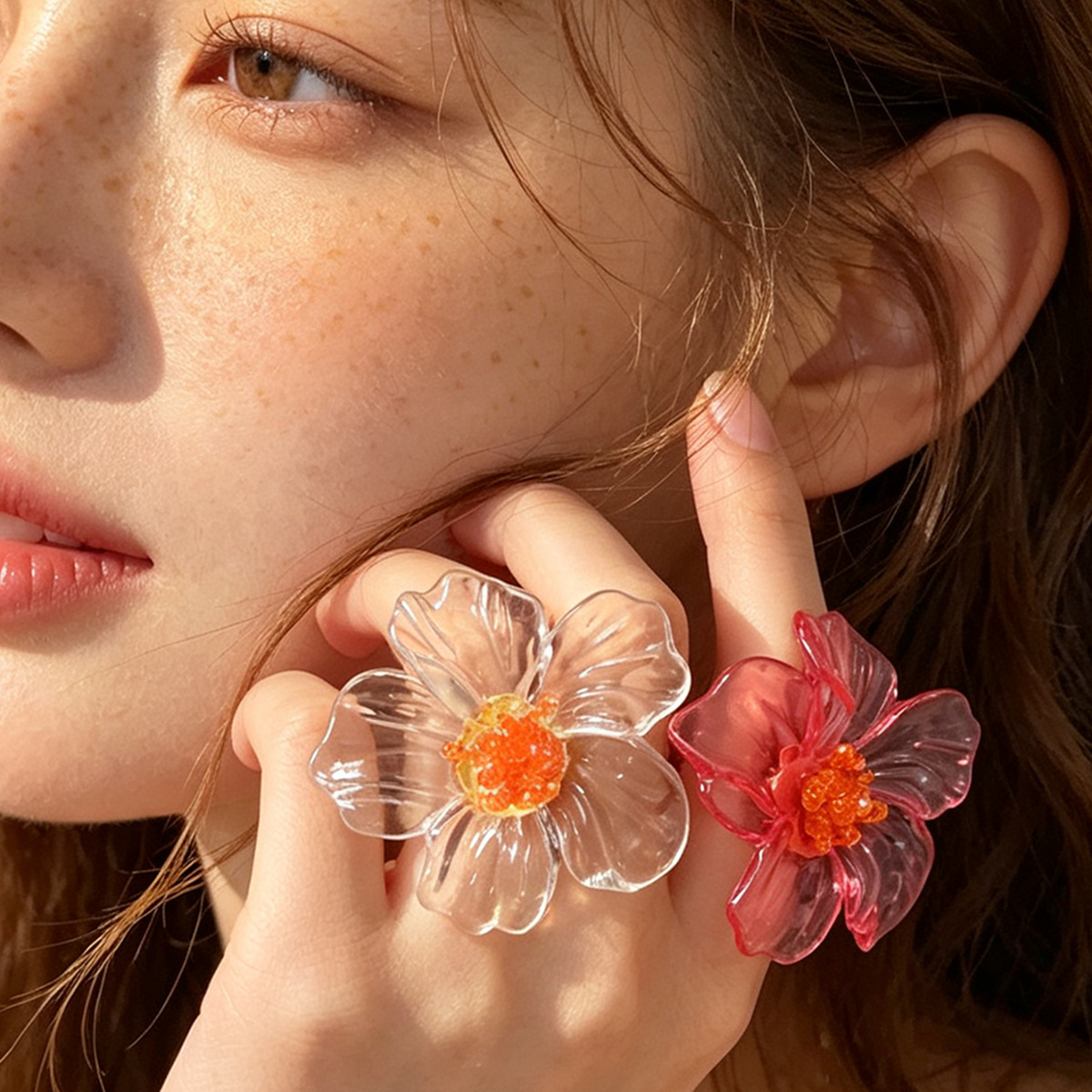Resin Art Ring - 甘くて可愛いカラフルなレジンフラワーリング、女性や女の子向け、エレガントでユニークな透明な花びらの調整可能なリング、宴会ジュエリーギフト