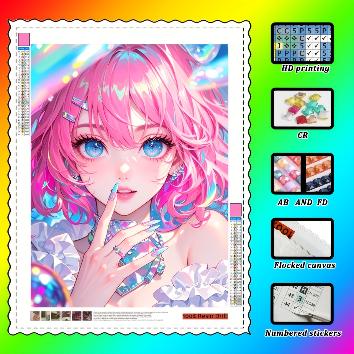 Resin Art Ring - Wowo Art、クリスタルダイヤモンドの指輪を身に着けているピンク色の漫画の女の子。 100％樹脂製のダイヤモンド、高級プラッシュ生地、クリスタルダイヤモンドを含む