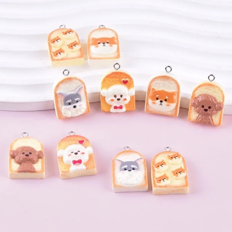Resin Art Supplies - 10 個かわいいトースト犬樹脂ペンダント漫画動物チャーム DIY クラフト用品イヤリングキーホルダーファッションジュエリー装飾