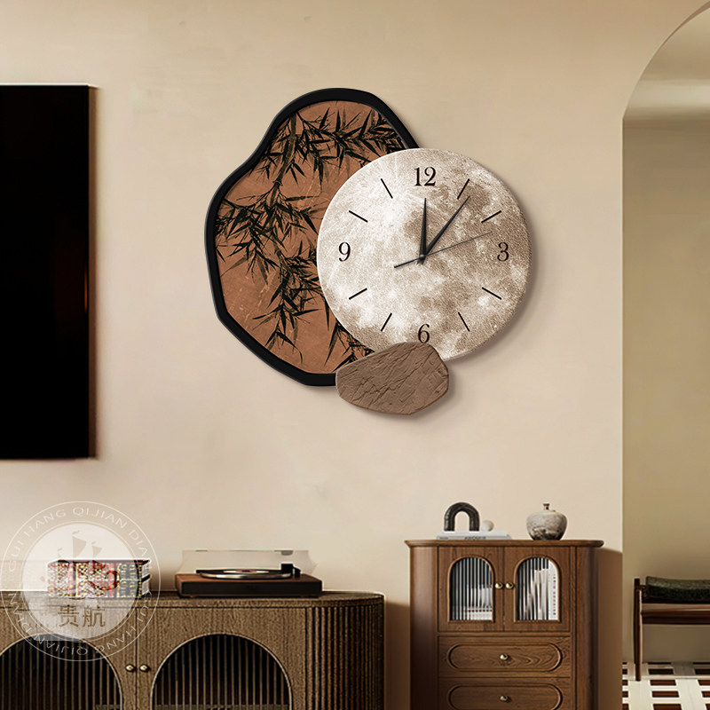 Resin Art On Wood - 中古風水墨竹画リビングルーム時計装飾絵画新中式アートレストラン時計レトロライト壁画