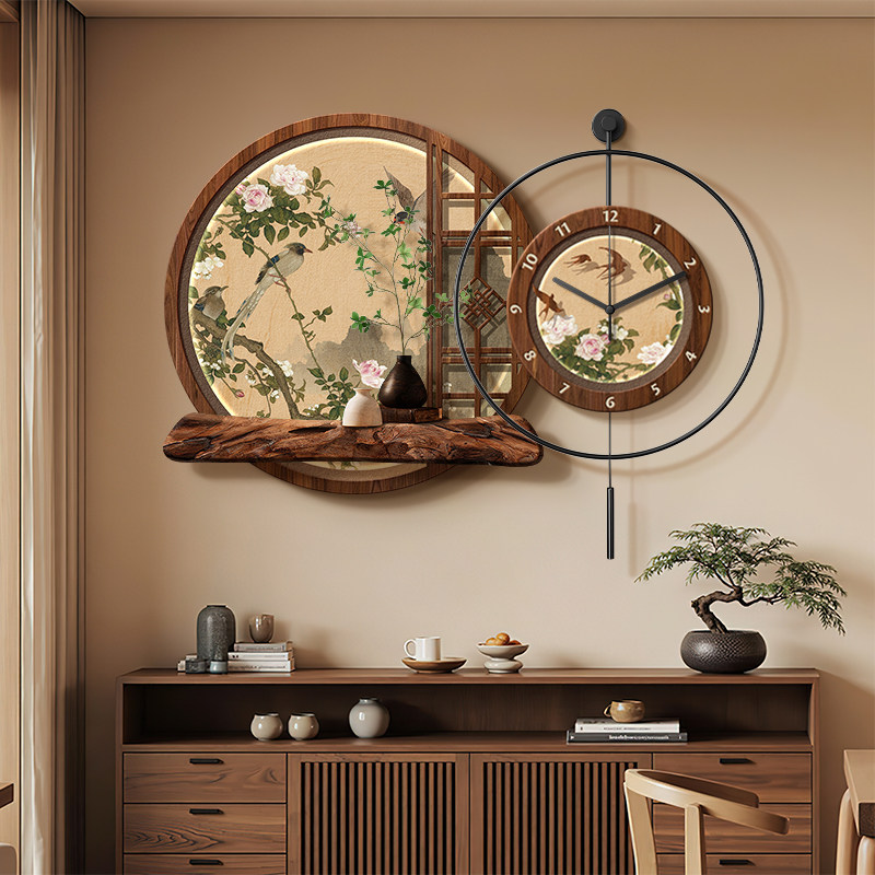 Resin Art On Wood - 新しい中華レストラン装飾画：花と鳥の時計台背景壁掛けアート古代風壁画