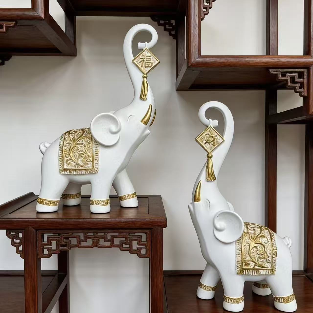 Resin Art Gift For Anniversary - 1 ペア中国風幸運の象の鼻の置物家の装飾動物樹脂象像アート工芸品装飾品ギフト