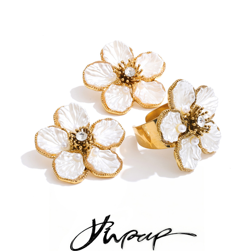 Resin Art Ring - Yhpup人気ステンレス樹脂パールフラワーレトロスタッドイヤリングリングセット防水ファッショントレンド魅力的なジュエリー2025