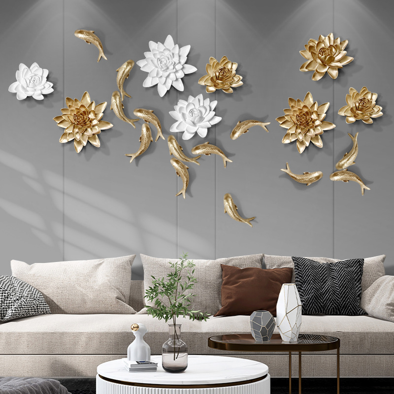 Resin Art Hanging - 中国風水ジンリ黄金鯉魚樹脂製壁飾り幸運の魚と花の置物壁掛けアートリビングルーム用