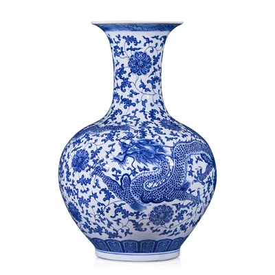 中国アンティーク陶磁器龍花瓶、青と白の釉下彩アールデコデザイ - Resin Art Floor Design のレビューと価格