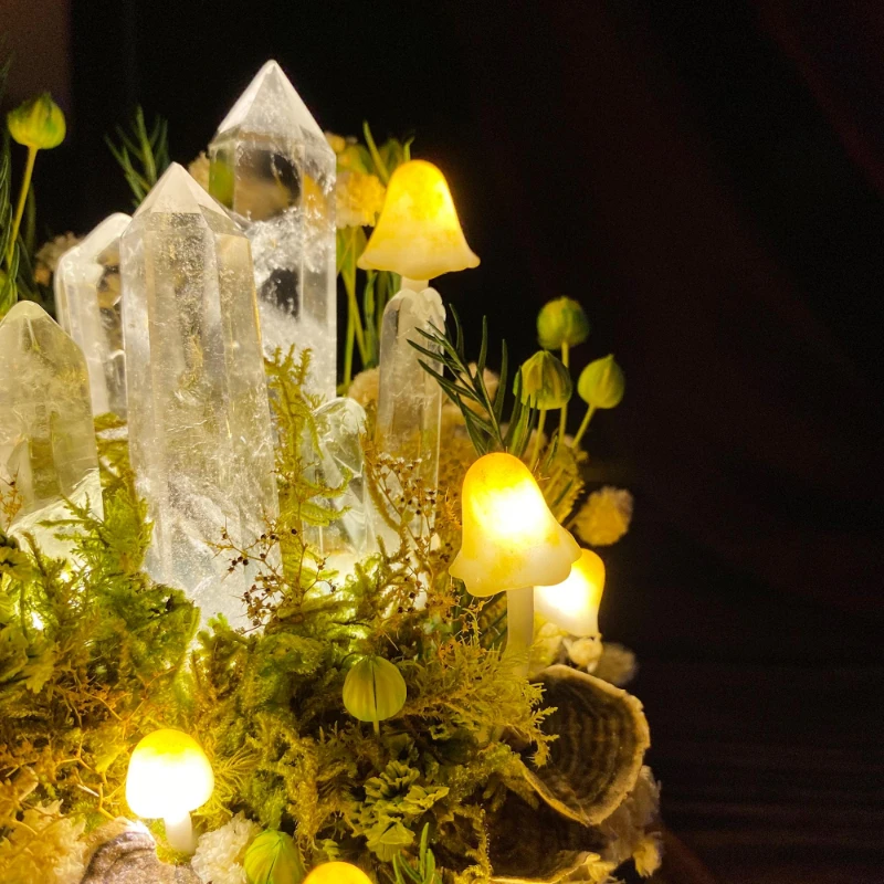 マッシュルームナイトライト ガラスドームランプ 天然水晶クォ - Resin Art On Wood のレビューと価格